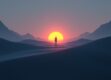 A minimalist landscape showcasing a glowing silhouette of a human figure collaborating with abstract AI shapes.