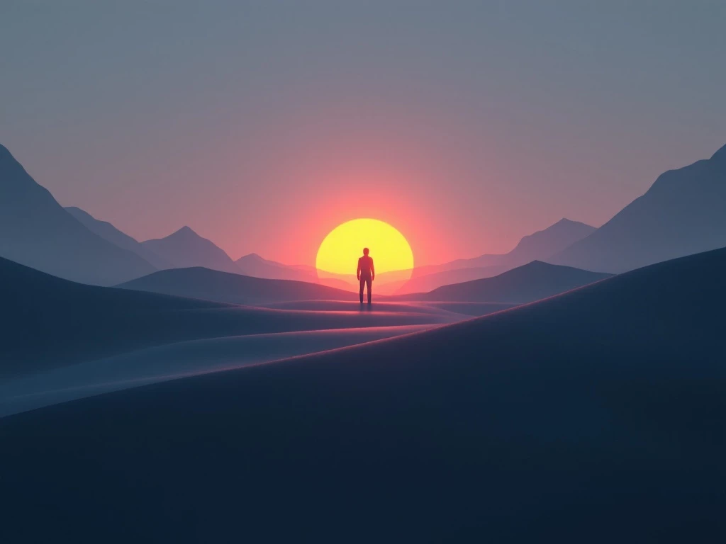 A minimalist landscape showcasing a glowing silhouette of a human figure collaborating with abstract AI shapes.
