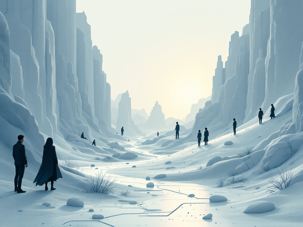 A minimalist futuristic landscape with autonomous agents collaborating on complex problems.