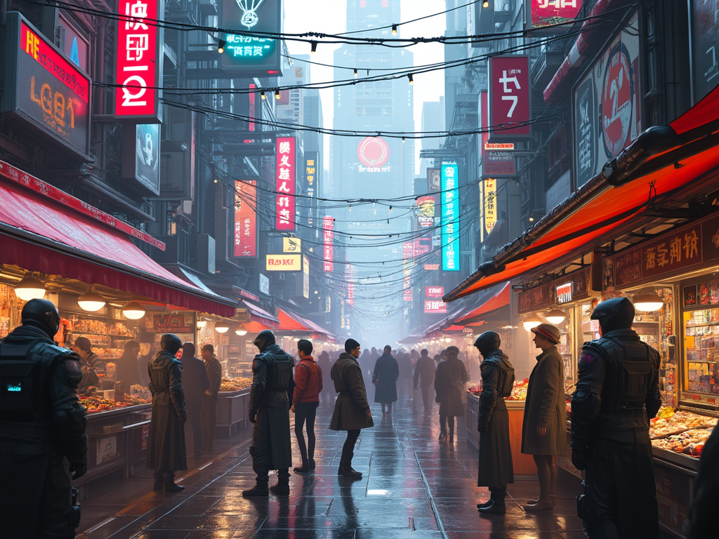 A bustling futuristic street with diverse characters and shops.