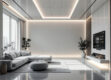 A futuristic minimalist home interior emphasizing clean lines and neutral colors with smart home technologies.