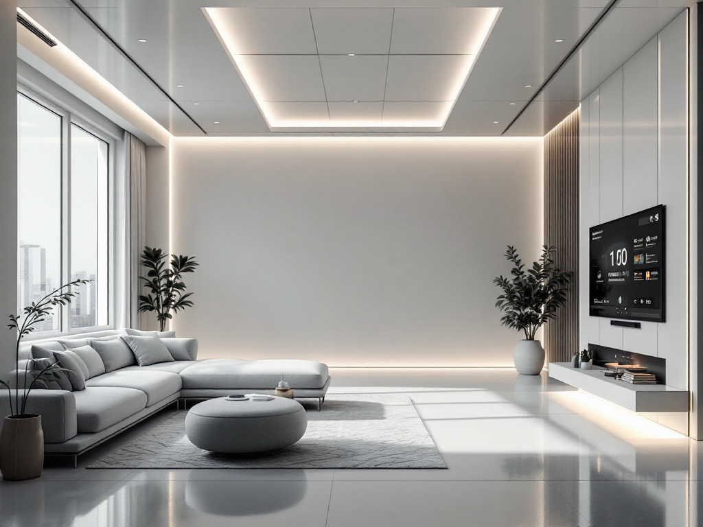 A futuristic minimalist home interior emphasizing clean lines and neutral colors with smart home technologies.