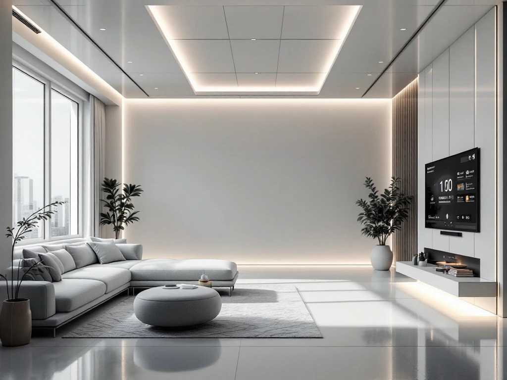 A futuristic minimalist home interior emphasizing clean lines and neutral colors with smart home technologies.