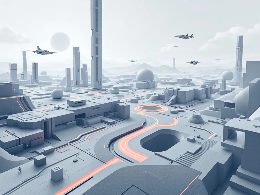 A futuristic, minimalist landscape with geometric shapes and patterns, symbolizing modern military operations and agent-based modeling.