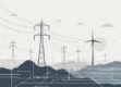 A minimalist modern illustration of a futuristic power grid with abstract geometric shapes.