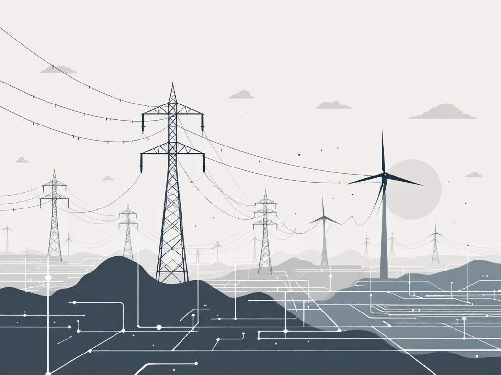 A minimalist modern illustration of a futuristic power grid with abstract geometric shapes.