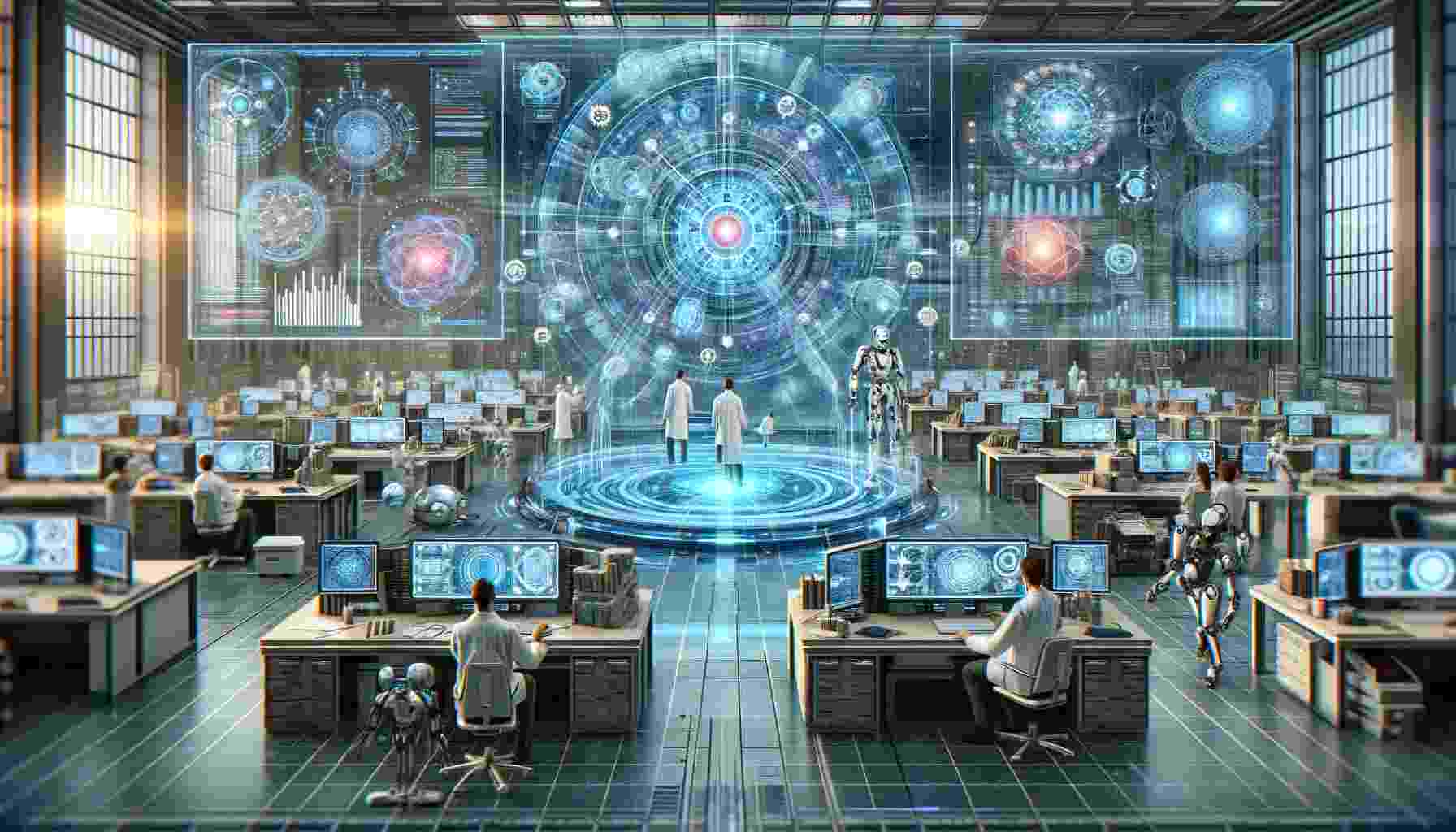 Futuristic laboratory with scientists and robots analyzing data.