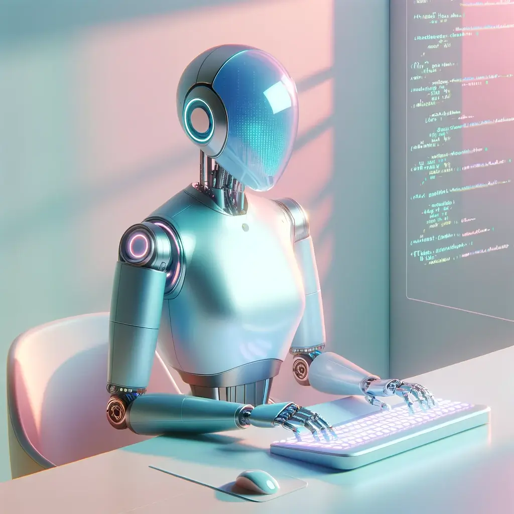 A futuristic robot typing on a keyboard in front of a glowing monitor.