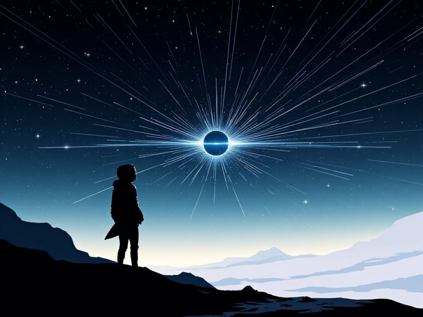 A sleek, minimalist illustration of a futuristic spacecraft against a starry night sky with rays of light.