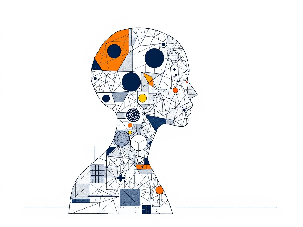 Minimalist illustration of a person composed of geometric shapes on a neutral background