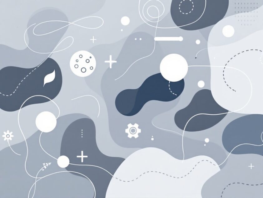 A clean, minimalist composition with geometric shapes and abstract elements in soft grays and blues.