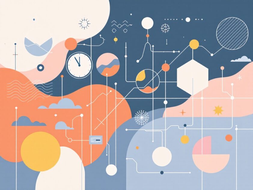A modern illustration of various geometric shapes and lines in subtle colors, illustrating interconnectedness and data insights.