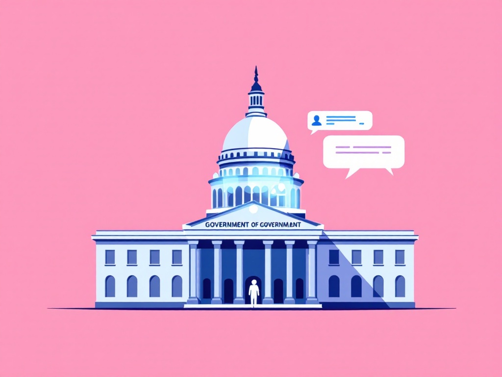 A minimalist illustration of a government building with a digital assistant interface projected on it.