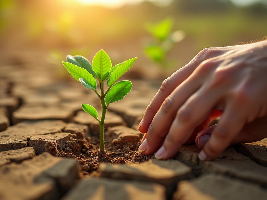 A hand gently placing a young green seedling in cracked soil.