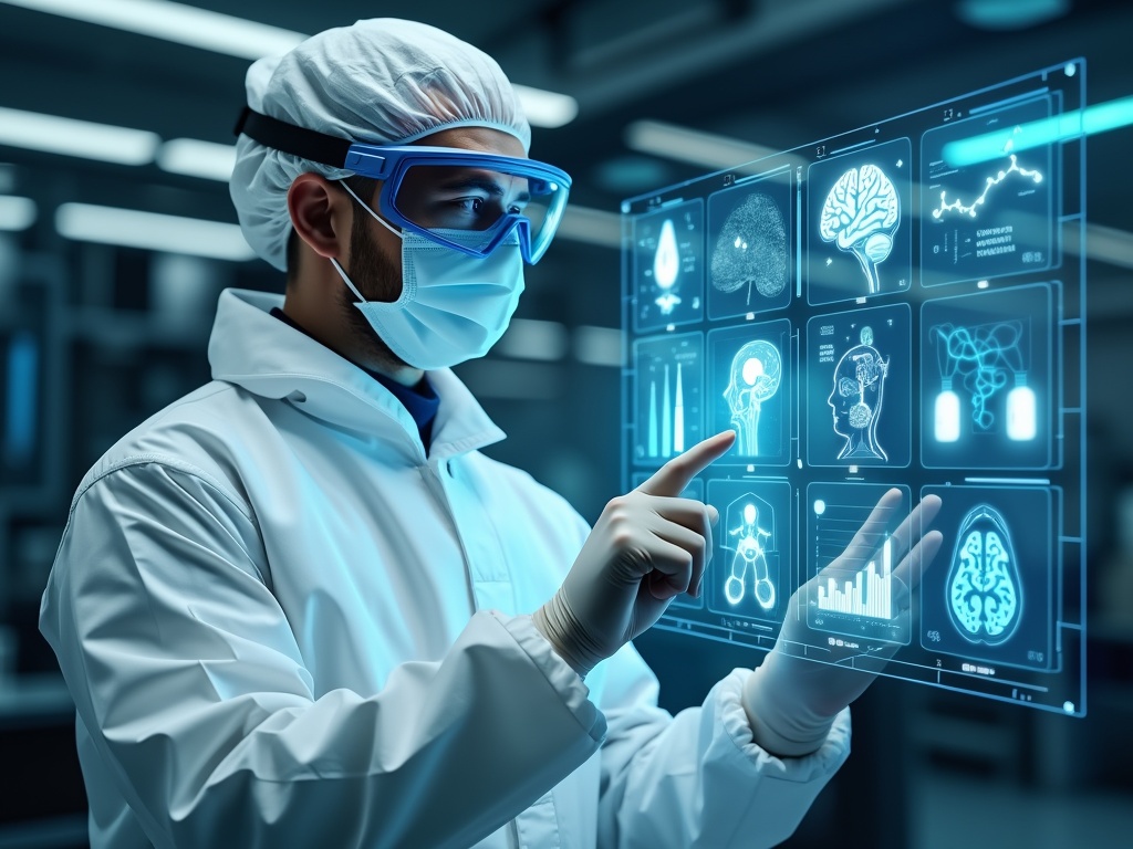 Healthcare professional in protective gear interacts with holographic data.