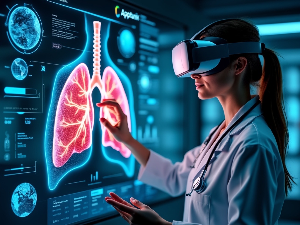 A healthcare professional wearing a VR headset interacting with lung data.