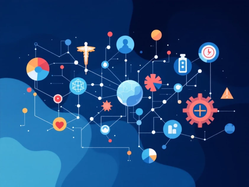A minimalist illustration of a healthcare system as an interconnected web of abstract shapes and lines.