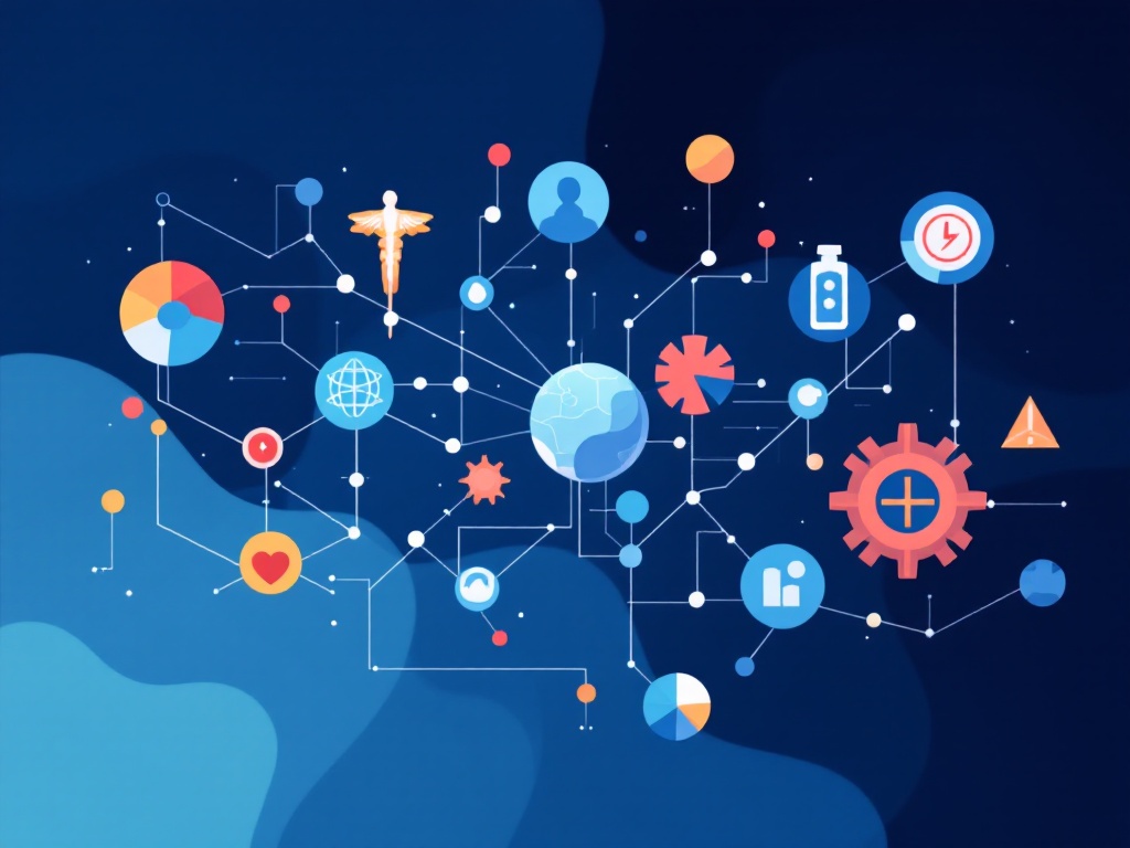 A minimalist illustration of a healthcare system as an interconnected web of abstract shapes and lines.