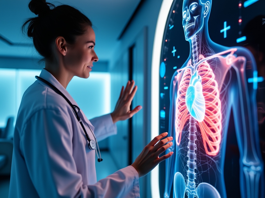 A medical professional interacts with a holographic representation of a human body and heart.