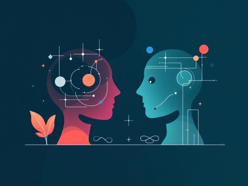 A minimalist, modern illustration depicting the harmonious collaboration between human creativity and AI analytical capabilities with abstract shapes.