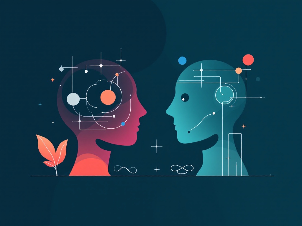 A minimalist, modern illustration depicting the harmonious collaboration between human creativity and AI analytical capabilities with abstract shapes.