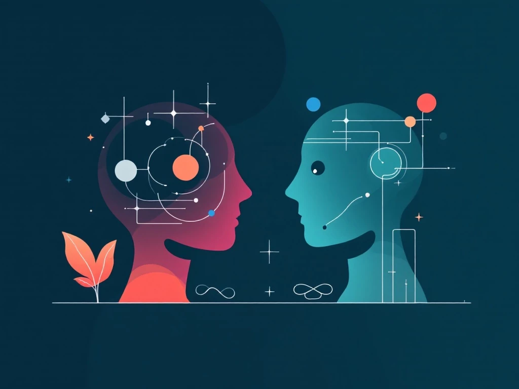A minimalist, modern illustration depicting the harmonious collaboration between human creativity and AI analytical capabilities with abstract shapes.