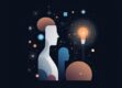 A minimalist illustration depicting a human figure collaborating with abstract AI elements, symbolizing human-AI partnership and synergy.