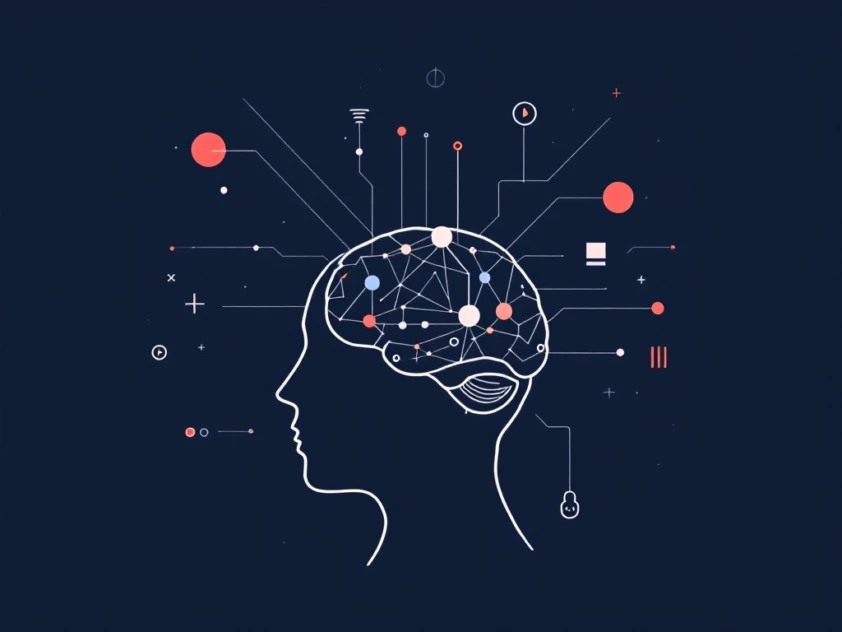 A minimalist illustration of a human brain with interconnected geometric shapes and abstract icons symbolizing AI frameworks.