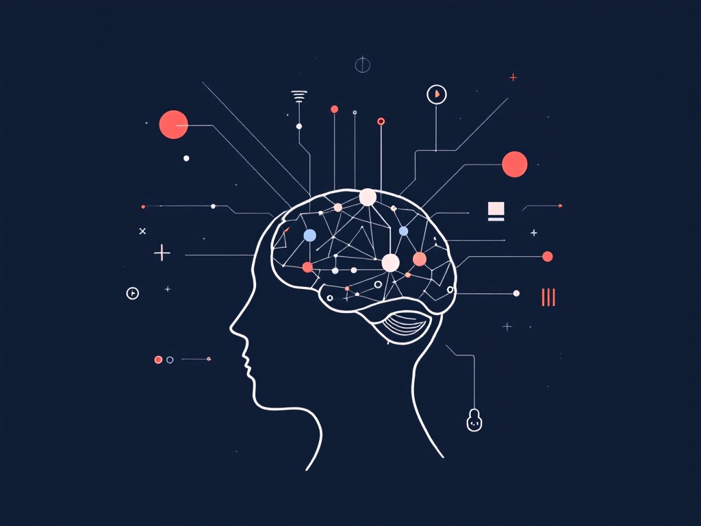 A minimalist illustration of a human brain with interconnected geometric shapes and abstract icons symbolizing AI frameworks.