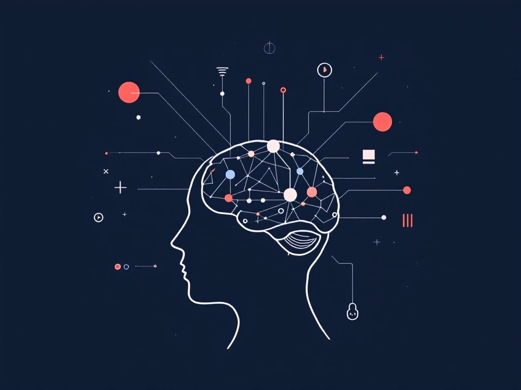A minimalist illustration of a human brain with interconnected geometric shapes and abstract icons symbolizing AI frameworks.