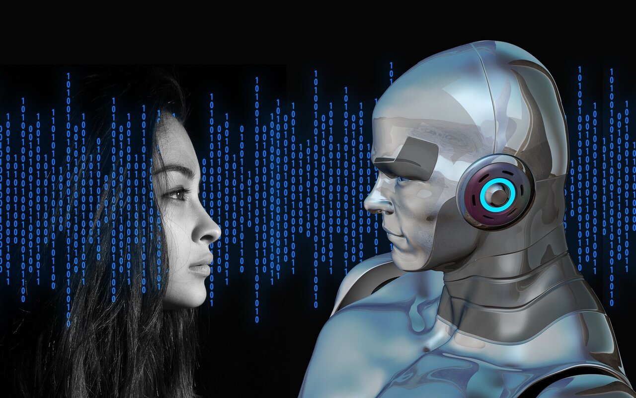 A human and humanoid robot facing each other with binary code.