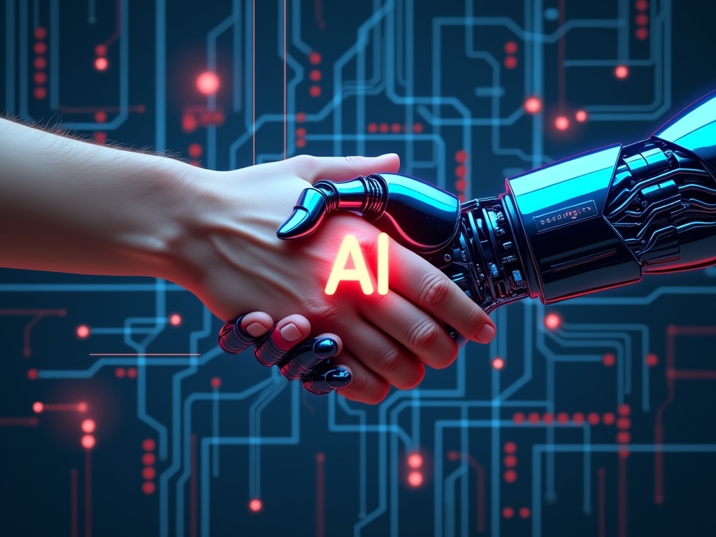 A human hand and a robotic hand clasped together, symbolizing human-AI connection.