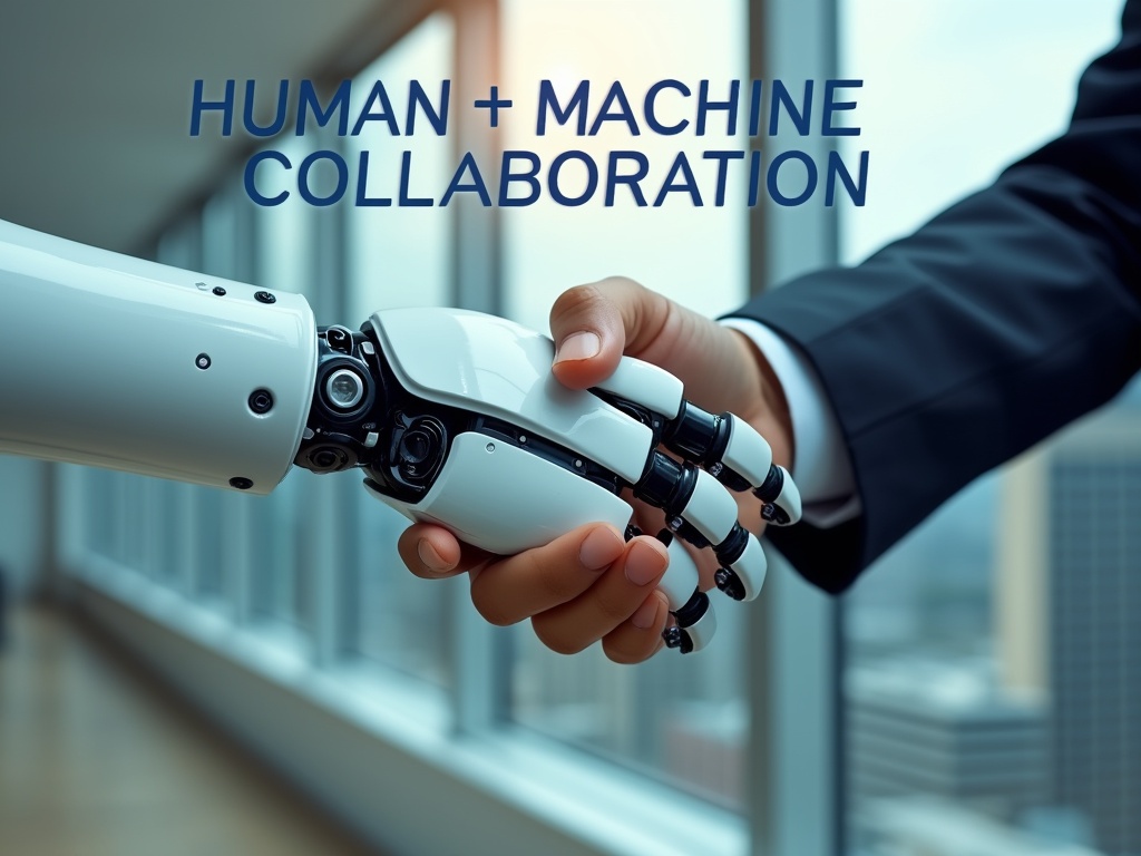 A human hand shaking hands with a robotic hand in an office.