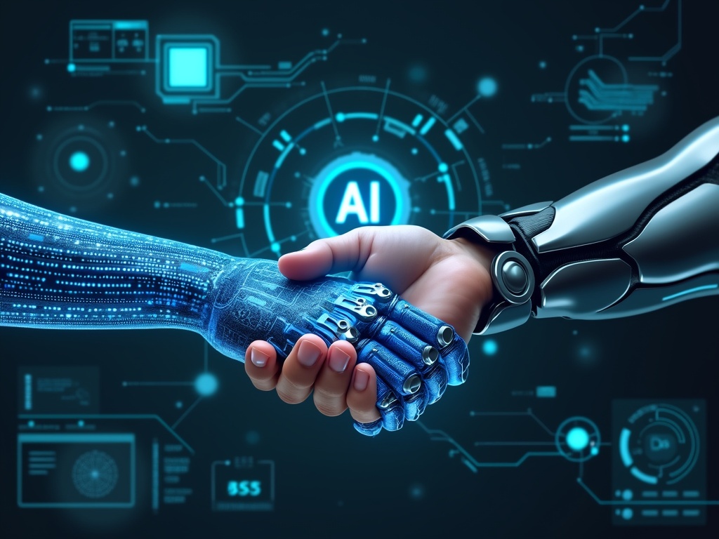 A human hand and a robotic hand clasped together symbolizing AI.