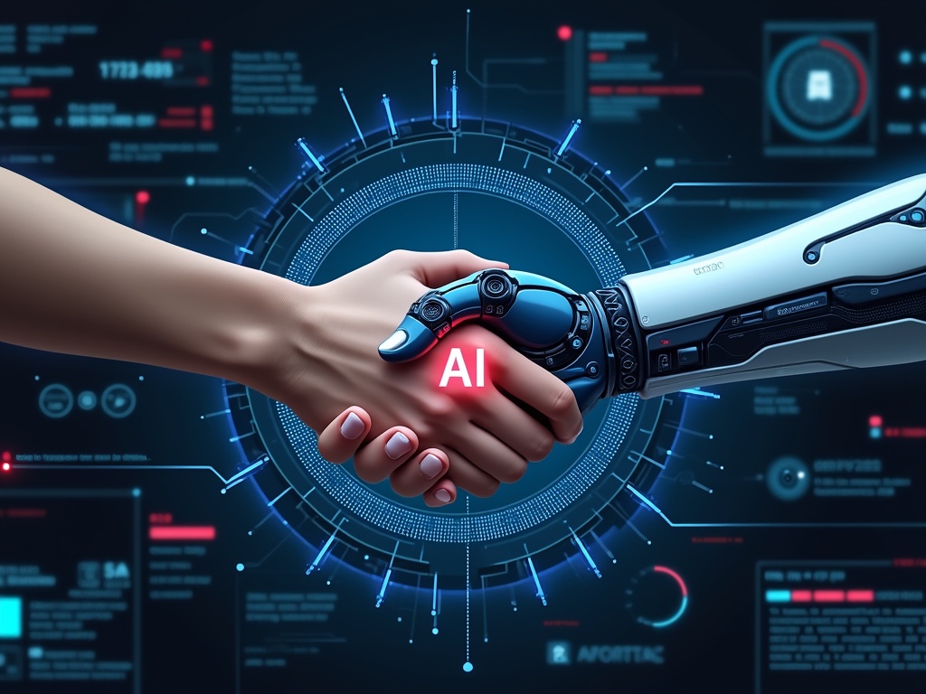 A human hand and a robotic hand clasped together, symbolizing AI connection