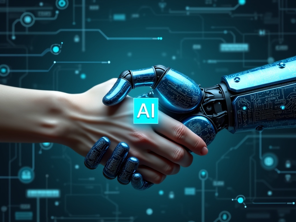 A human hand clasping a robotic hand, symbolizing AI connection.