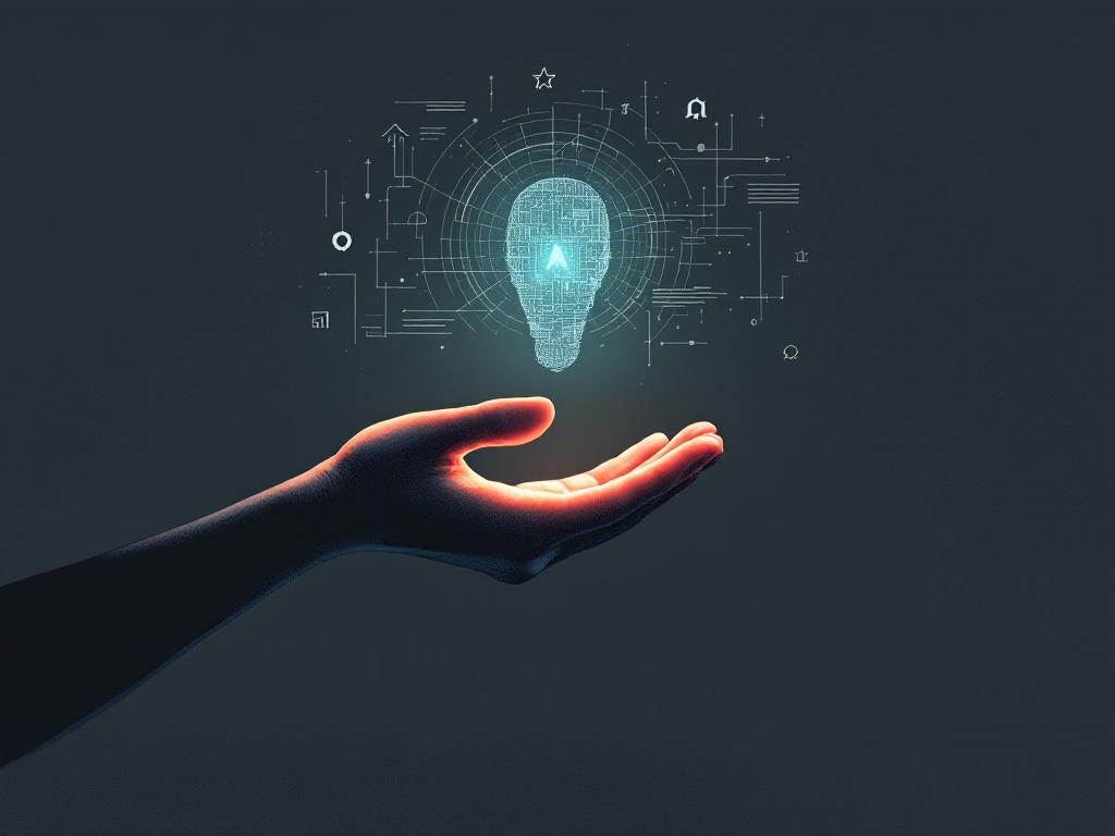An abstract illustration of a human hand reaching out to connect with AI data visualization.