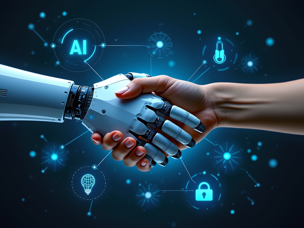 A human hand and a robotic hand clasped, symbolizing AI connection.