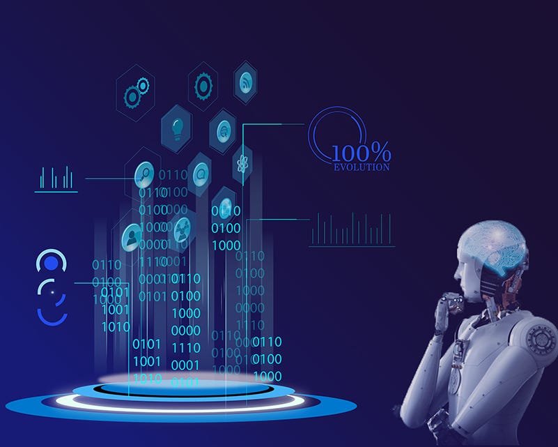 A humanoid robot observes binary code and data graphics.