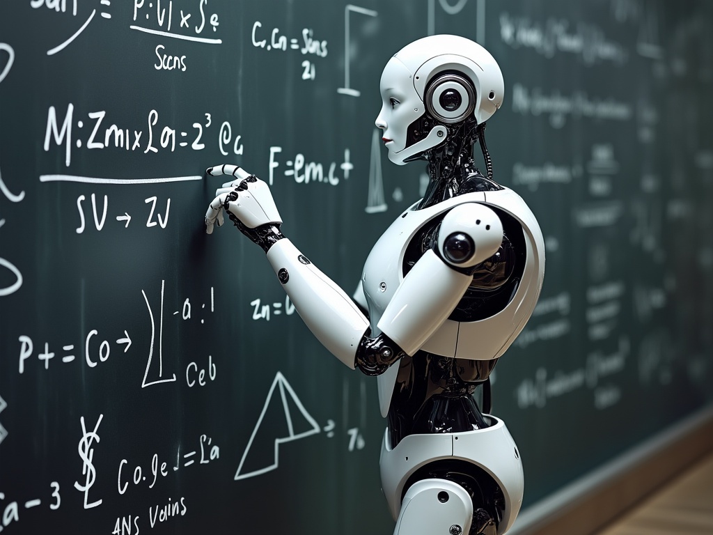 A humanoid robot stands next to a blackboard of equations.