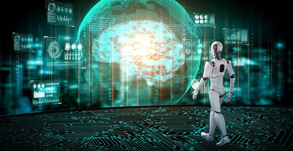 A humanoid robot interacting with a holographic brain in a futuristic setting.