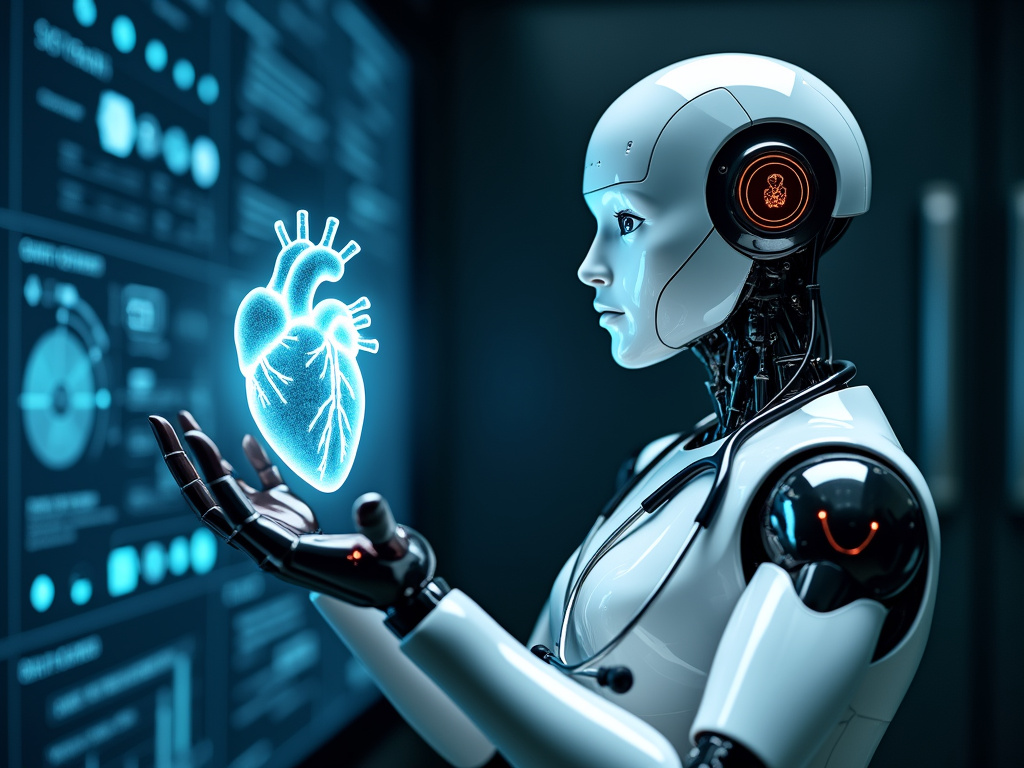 A humanoid robot examining a holographic human heart