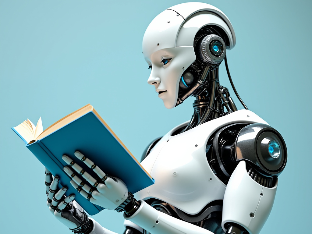 A detailed humanoid robot reading a blue book in a minimalistic setting.