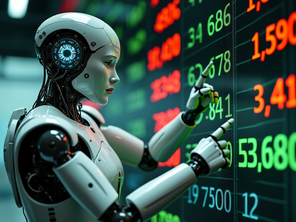 A humanoid robot interacting with stock market numbers