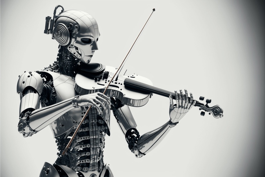 A humanoid robot with a polished metal body playing the violin.