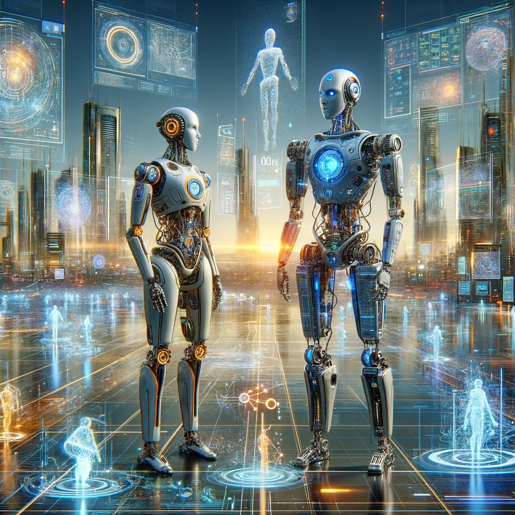 Two humanoid robots in a futuristic city with holograms