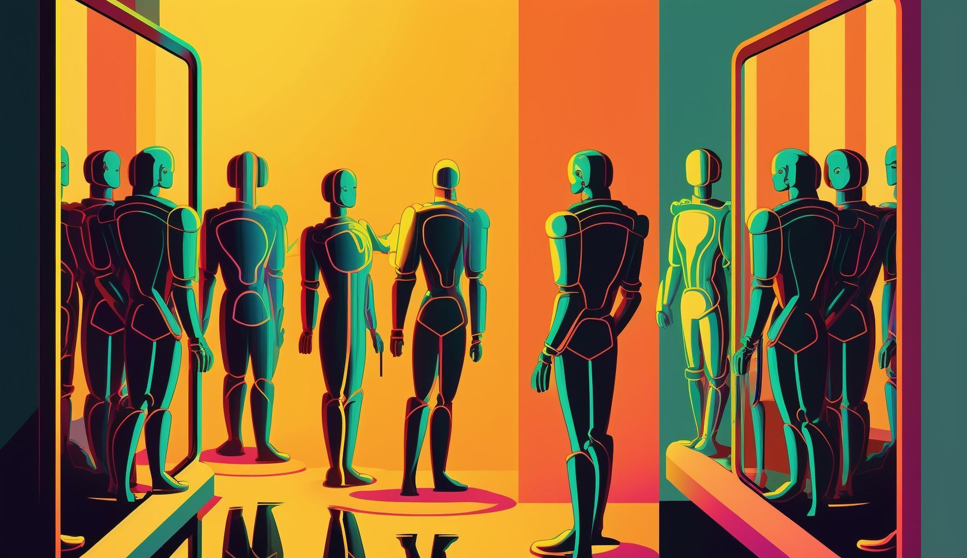 A group of humanoid robots reflecting on their identities in a mirror.