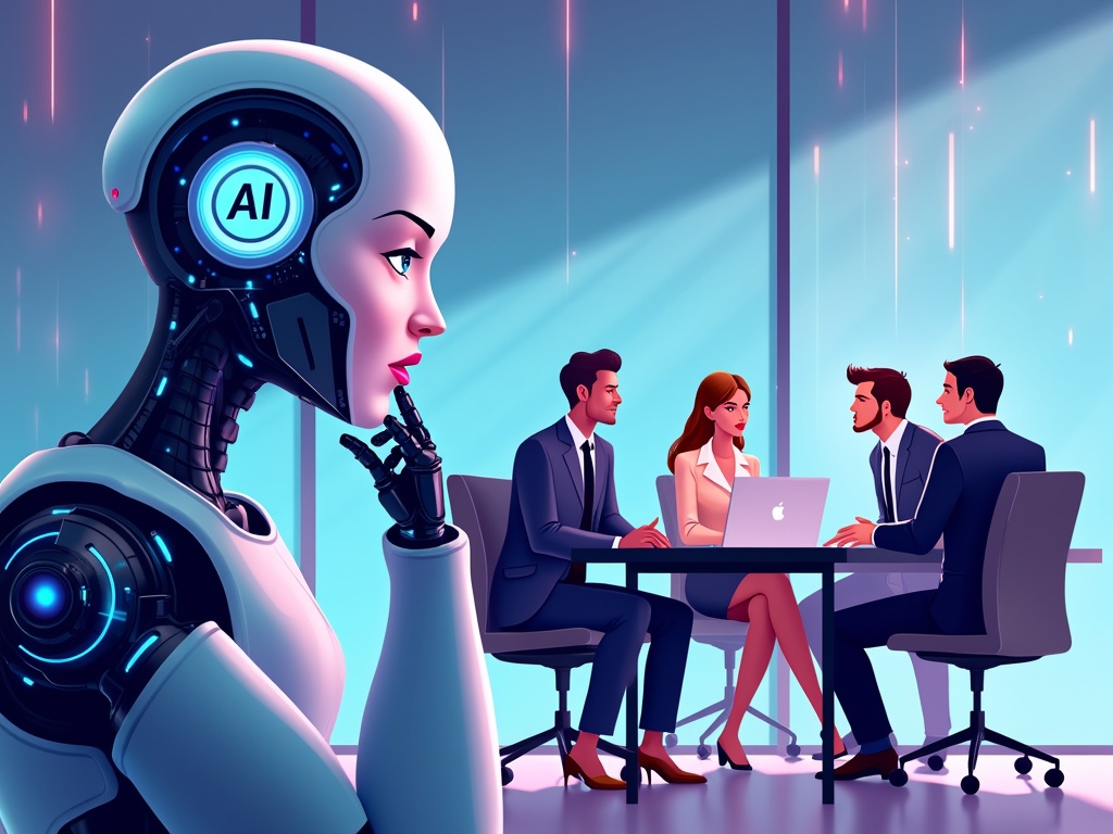 A humanoid robot with AI-themed head observing four people at a table.