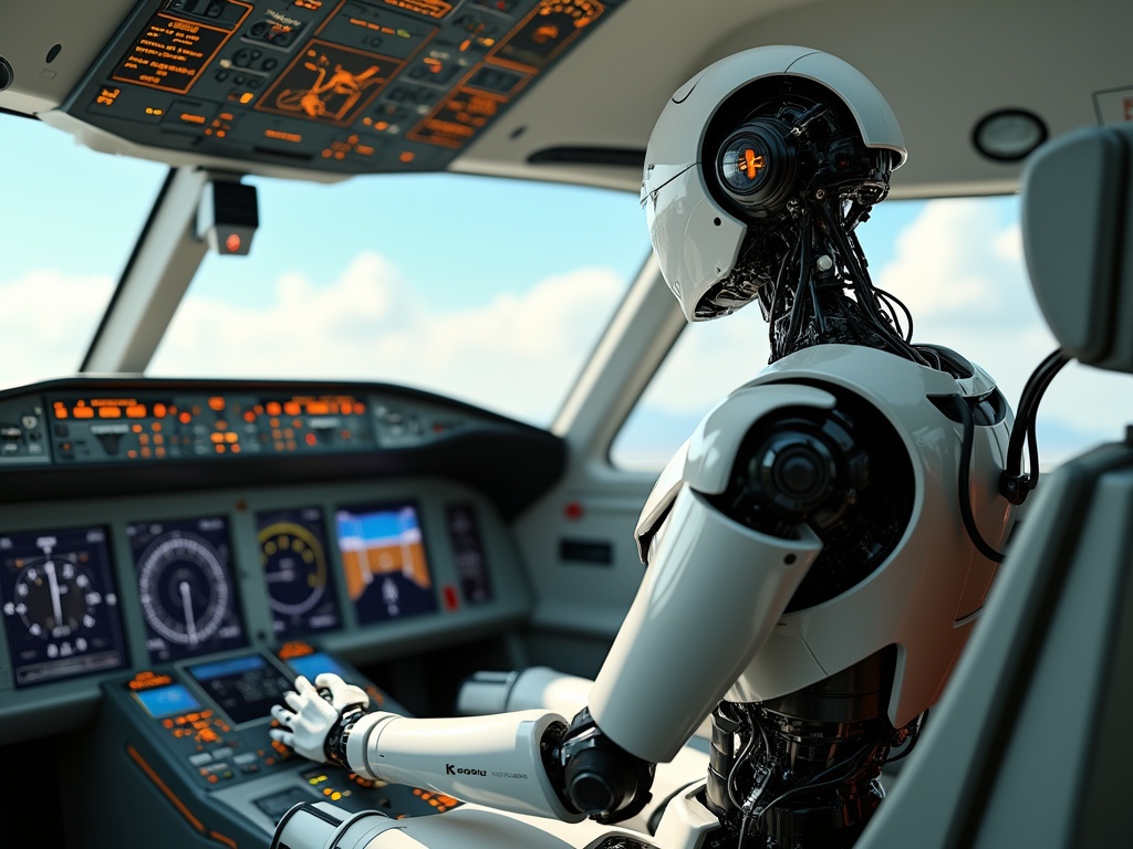 A humanoid robot pilot in a cockpit with control panels and clouds outside.