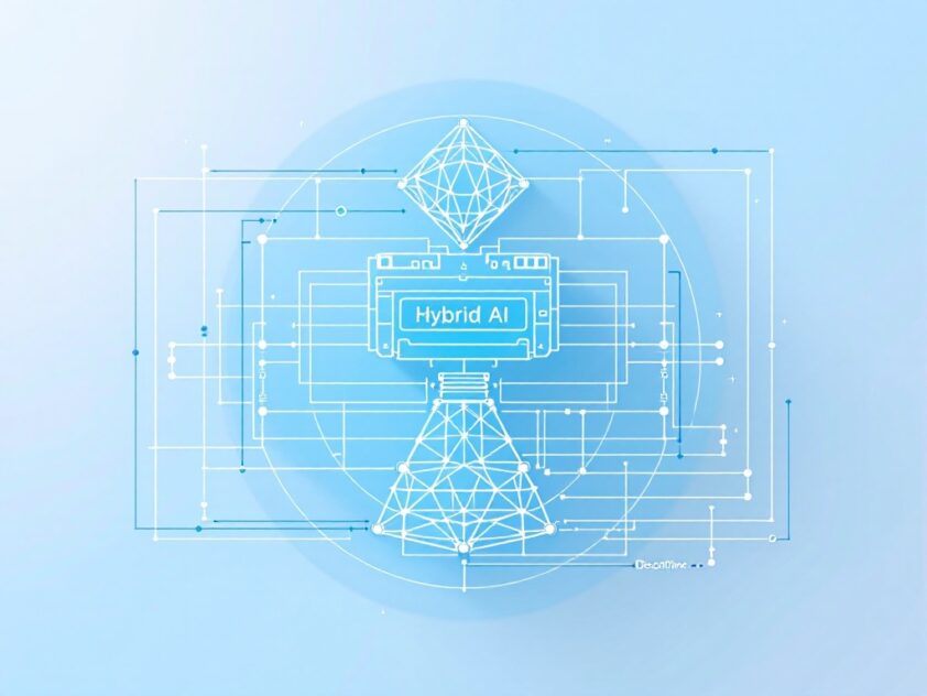 A clean, minimalist wireframe representing hybrid AI architecture with geometric shapes and lines.